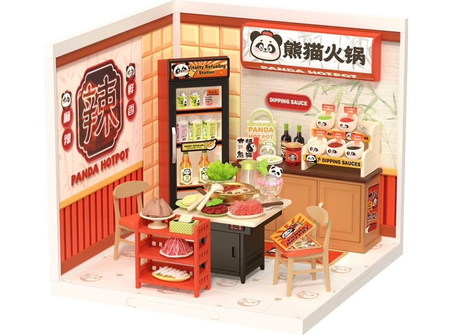 RoboTime 3D dřevěná skládačka Miniatura domečku Asijské bistro Panda Hot Pot