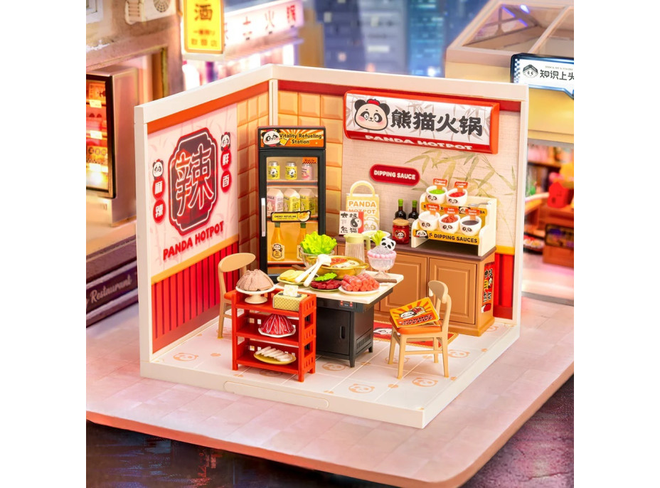RoboTime 3D dřevěná skládačka Miniatura domečku Asijské bistro Panda Hot Pot