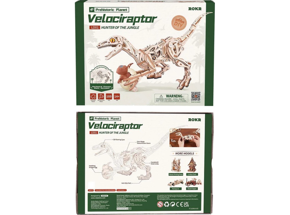 RoboTime 3D dřevěná mechanická skládačka Velociraptor