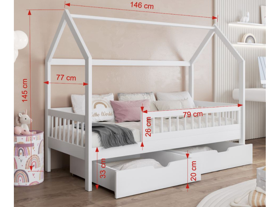 Dětská domečková postel z masivu borovice GAJA se šuplíky - 140x70 cm - kašmírová