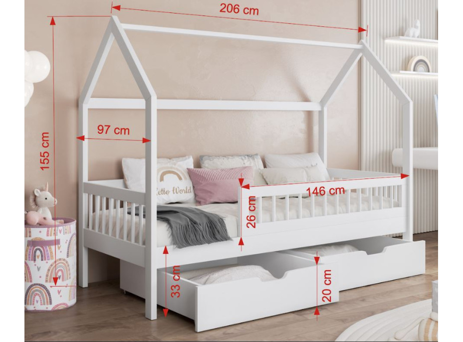 Dětská domečková postel z masivu borovice GAJA se šuplíky - 200x90 cm - olivově zelená