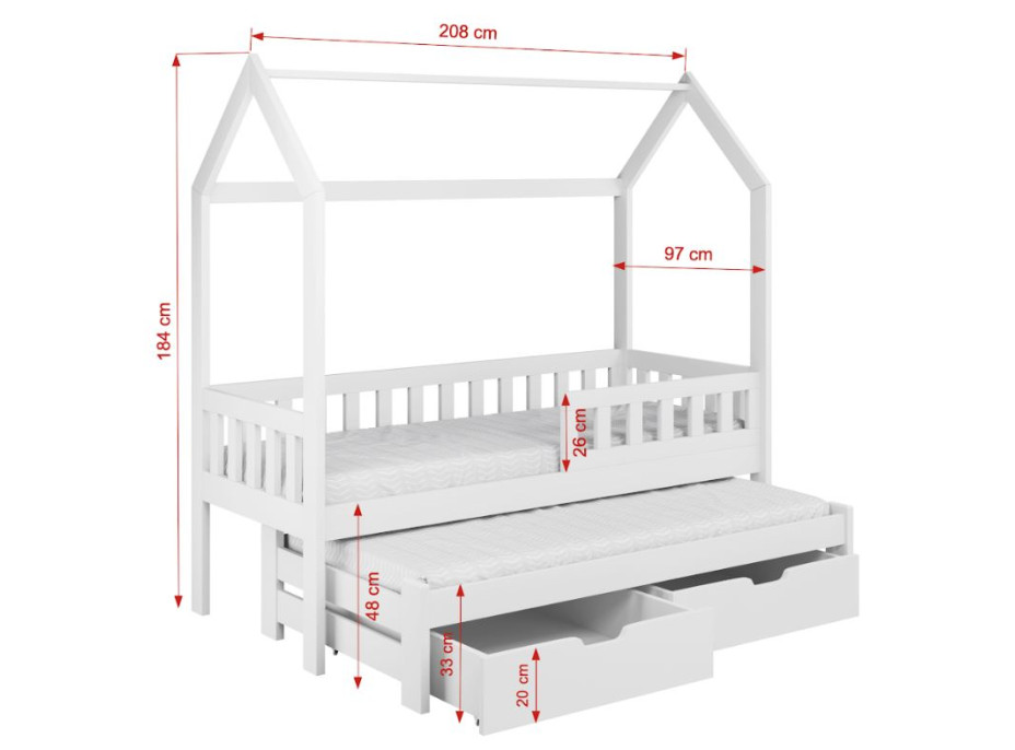 Dětská domečková postel z masivu borovice TIMMY se šuplíky a přistýlkou - 200x90 cm - kašmírová