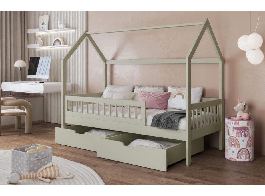 Dětská domečková postel z masivu borovice GAJA se šuplíky - 140x70 cm - olivově zelená