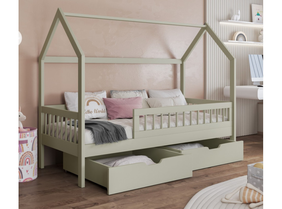 Dětská domečková postel z masivu borovice GAJA se šuplíky - 140x70 cm - olivově zelená