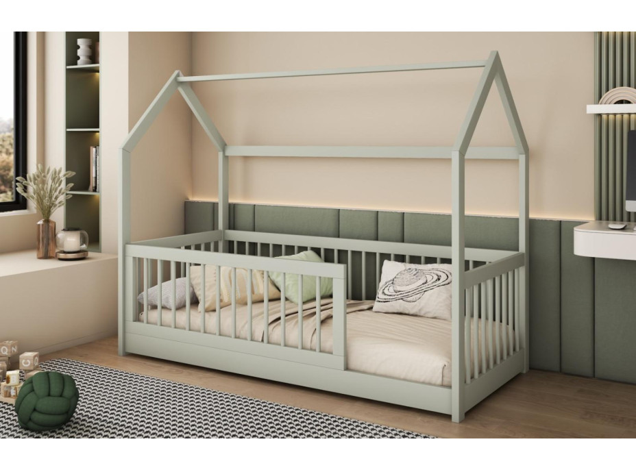 Dětská domečková postel z masivu borovice GRÉTA - 180x80 cm - olivově zelená