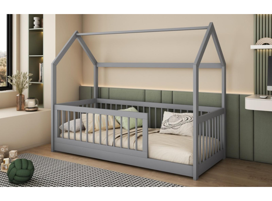 Dětská domečková postel z masivu borovice GRÉTA - 200x90 cm - šedá