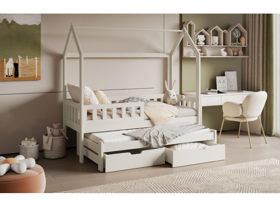 Dětská domečková postel z masivu borovice TIMMY se šuplíky a přistýlkou - 180x80 cm - kašmírová