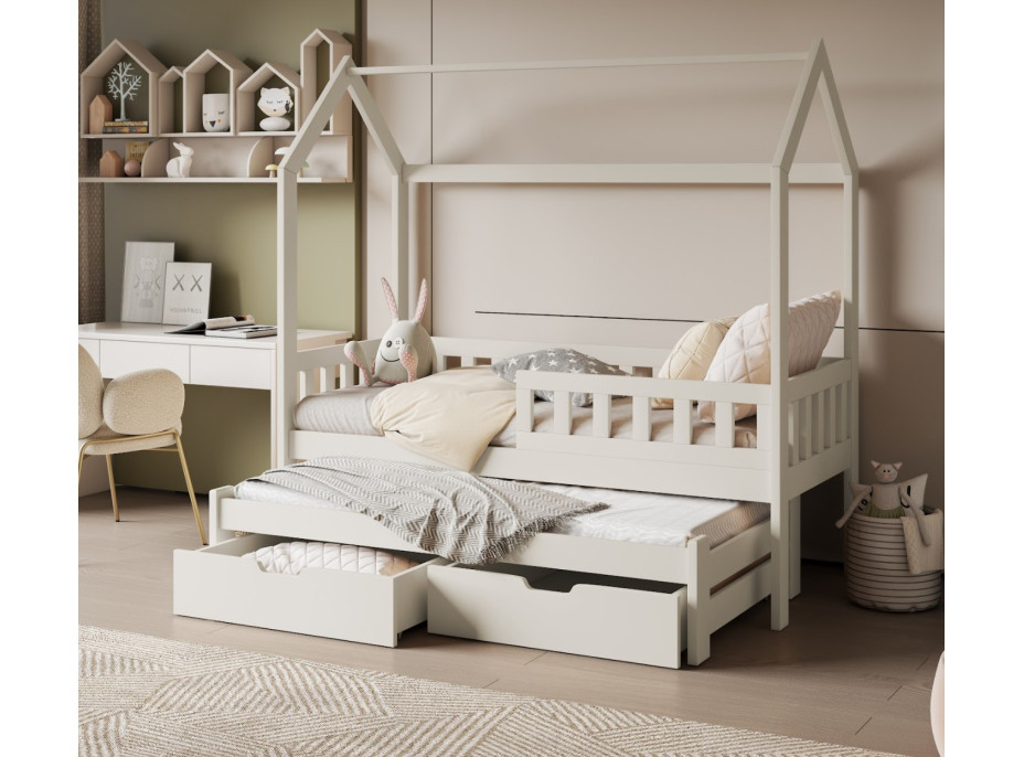 Dětská domečková postel z masivu borovice TIMMY se šuplíky a přistýlkou - 180x80 cm - kašmírová