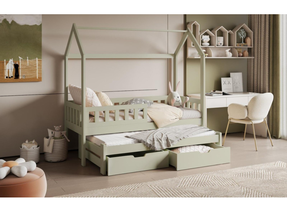 Dětská domečková postel z masivu borovice TIMMY se šuplíky a přistýlkou - 180x80 cm - olivově zelená
