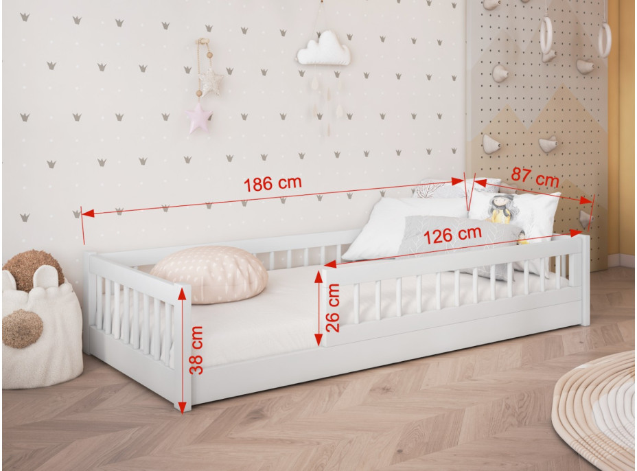 Dětská Montessori postel z masivu borovice FLORES - 180x80 cm - bílá