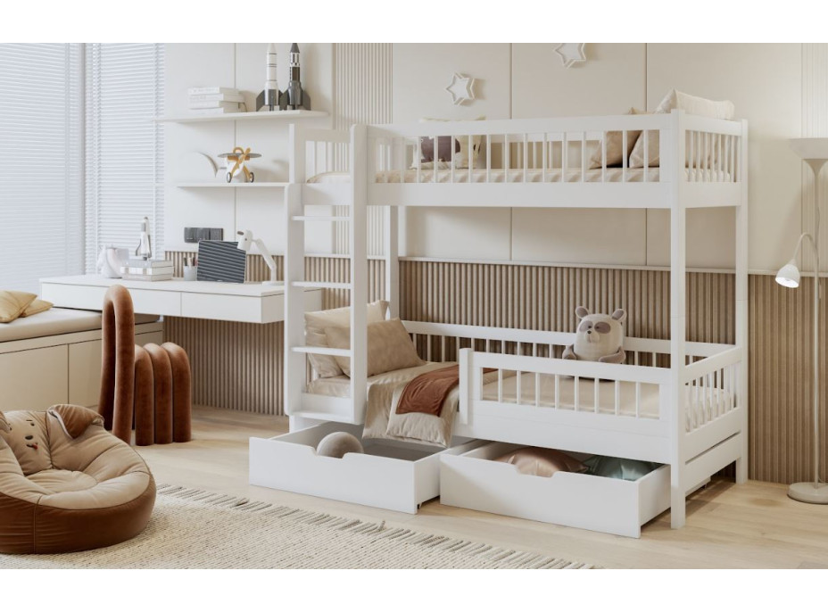 Dětská patrová postel se šuplíky z masivu borovice COEN - 180x80 cm - bílá