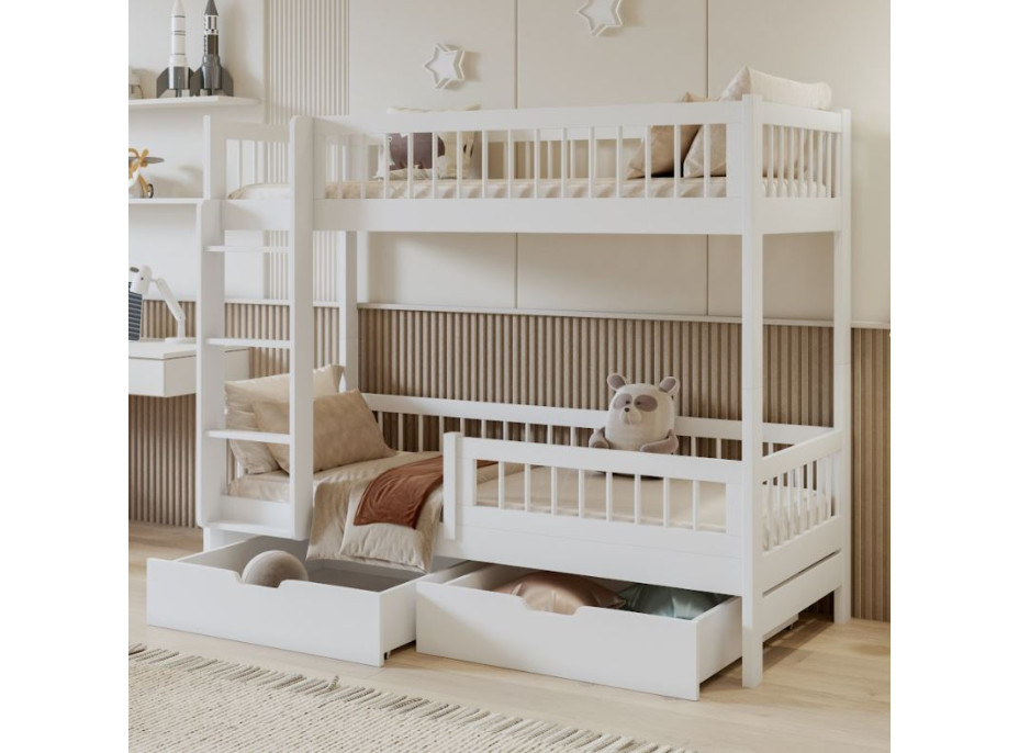 Dětská patrová postel se šuplíky z masivu borovice COEN - 180x80 cm - bílá