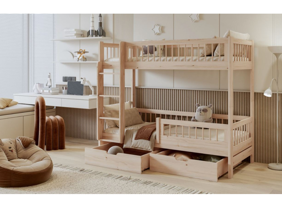 Dětská patrová postel se šuplíky z masivu borovice COEN - 180x80 cm - přírodní borovice