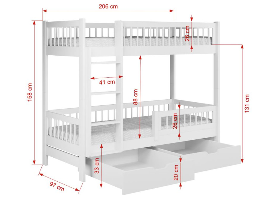 Dětská patrová postel se šuplíky z masivu borovice COEN - 200x90 cm - olivově zelená