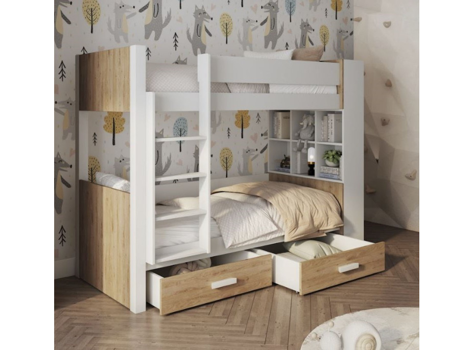 Dětská patrová postel z masivu borovice GASPAR se šuplíky a regálem - 180x80 cm - bílá/dub shetland