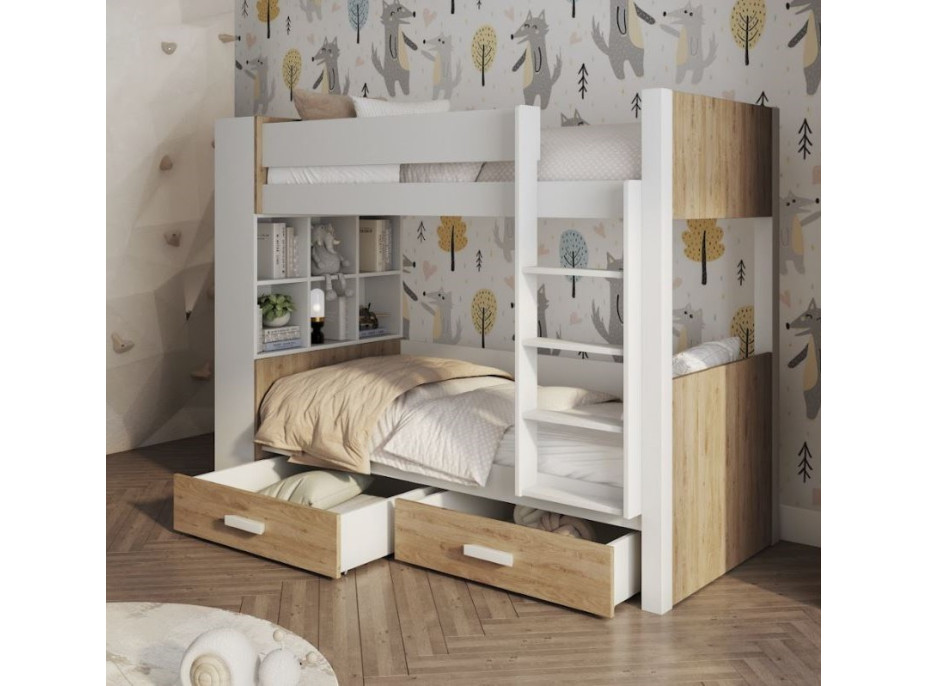 Dětská patrová postel z masivu borovice GASPAR se šuplíky a regálem - 180x80 cm - bílá/dub shetland