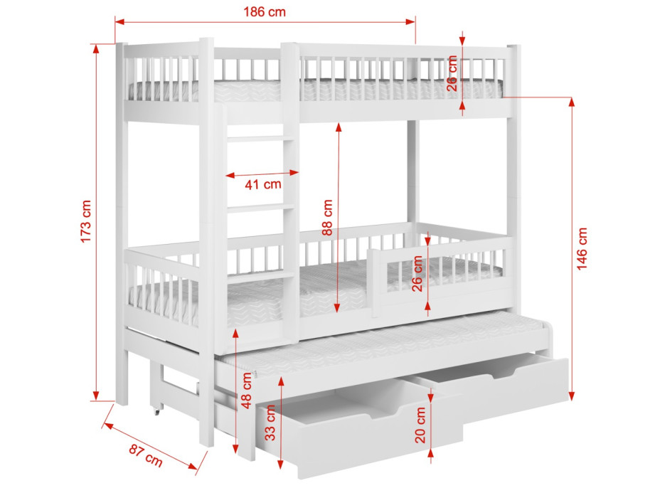 Dětská patrová postel z masivu borovice EVAN s přistýlkou a šuplíky - 180x80 cm - bílá