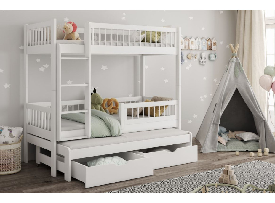 Dětská patrová postel z masivu borovice EVAN s přistýlkou a šuplíky - 180x80 cm - bílá