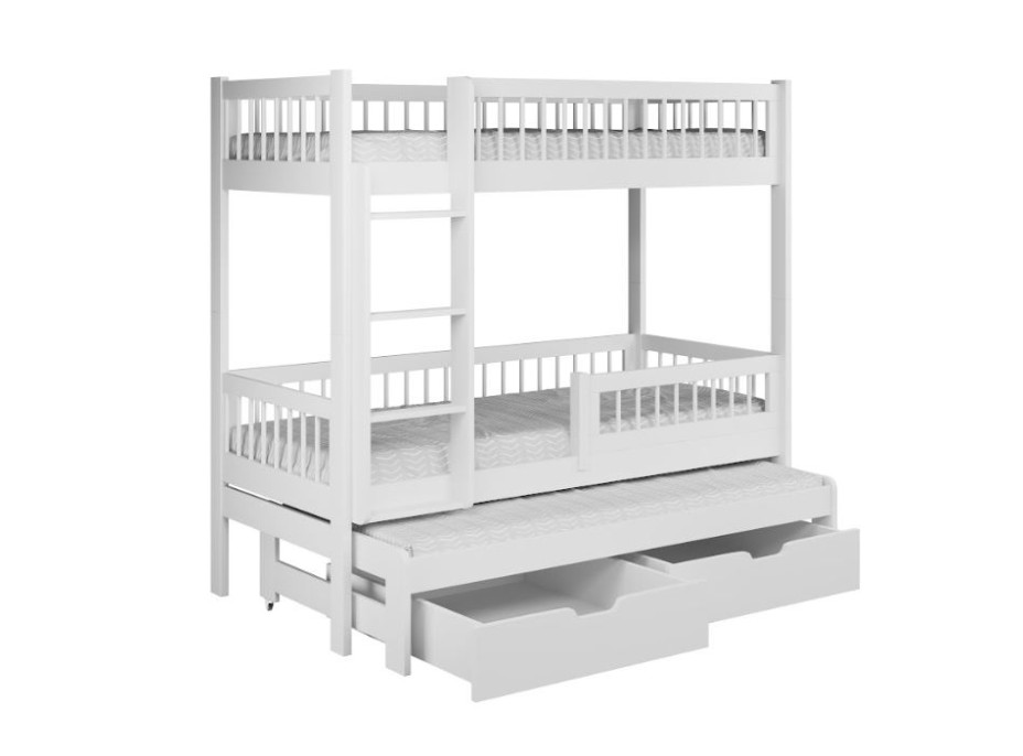 Dětská patrová postel z masivu borovice EVAN s přistýlkou a šuplíky - 180x80 cm - bílá