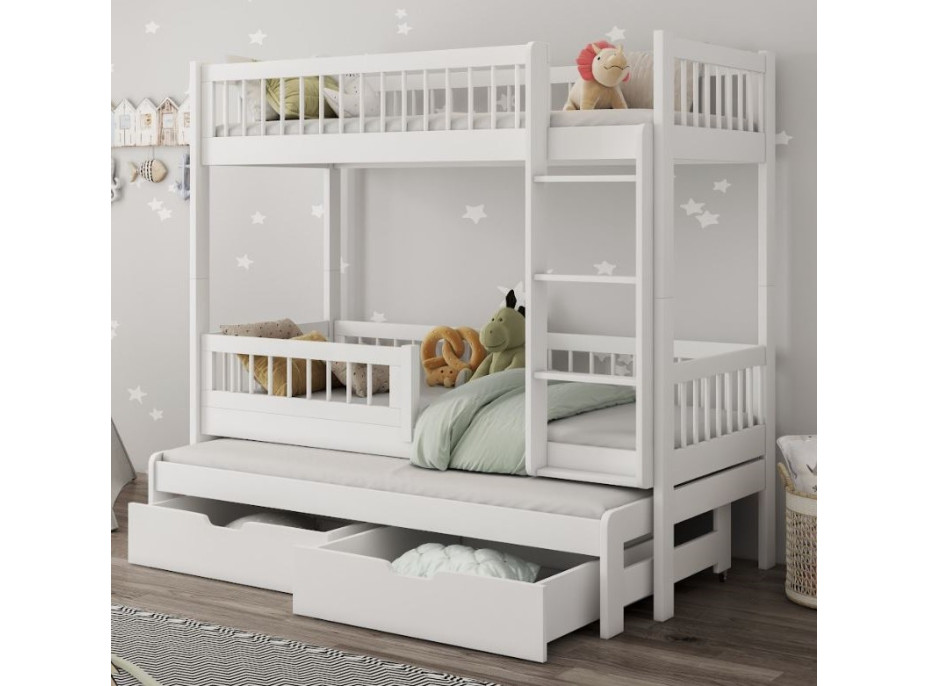 Dětská patrová postel z masivu borovice EVAN s přistýlkou a šuplíky - 180x80 cm - bílá