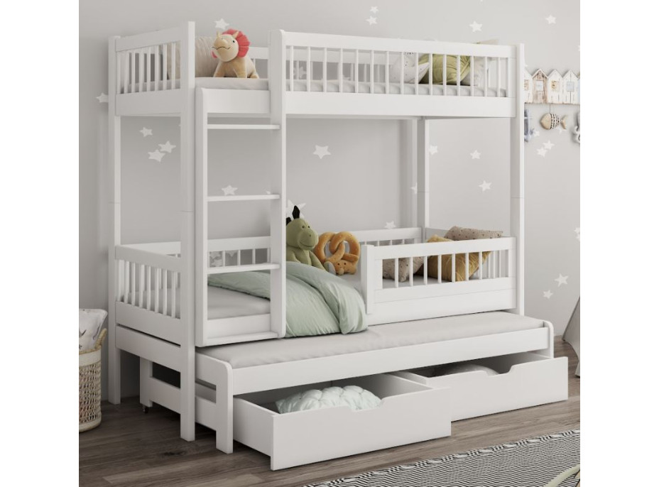 Dětská patrová postel z masivu borovice EVAN s přistýlkou a šuplíky - 180x80 cm - bílá