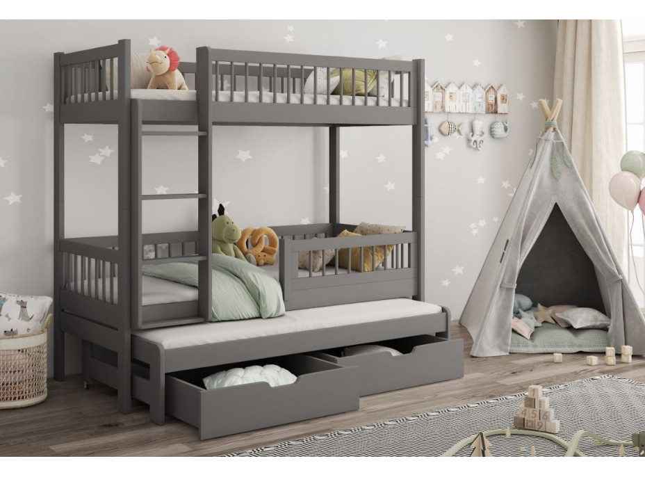 Dětská patrová postel z masivu borovice EVAN s přistýlkou a šuplíky - 180x80 cm - grafitová