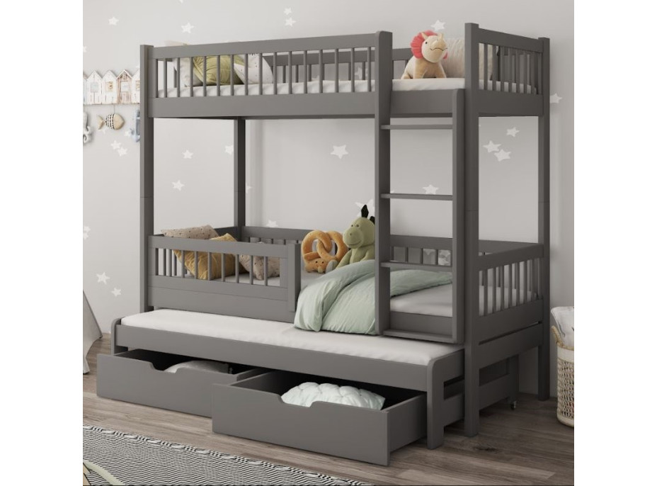 Dětská patrová postel z masivu borovice EVAN s přistýlkou a šuplíky - 180x80 cm - grafitová