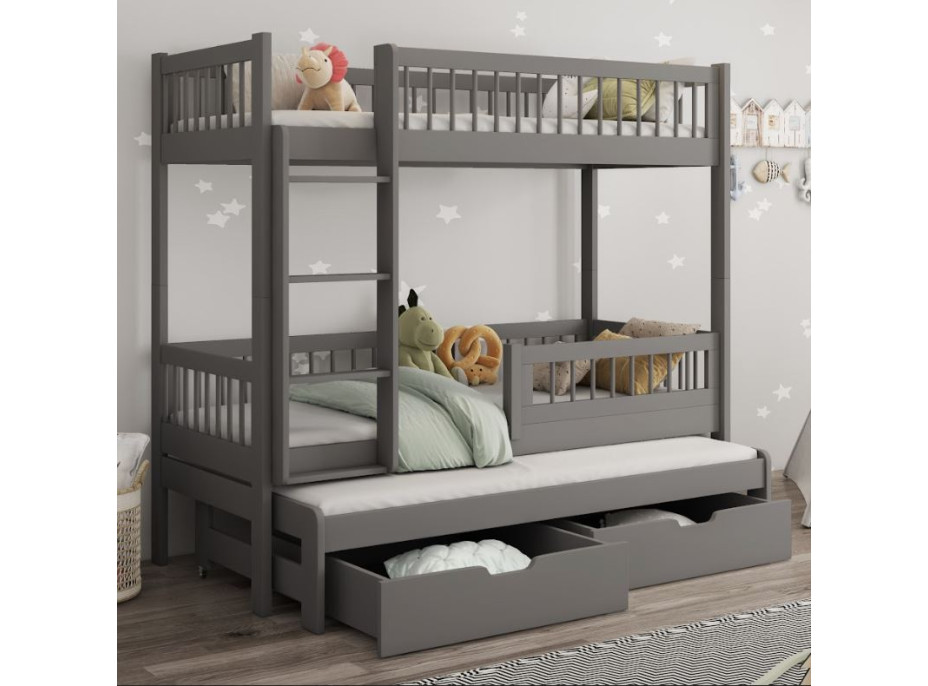 Dětská patrová postel z masivu borovice EVAN s přistýlkou a šuplíky - 180x80 cm - grafitová