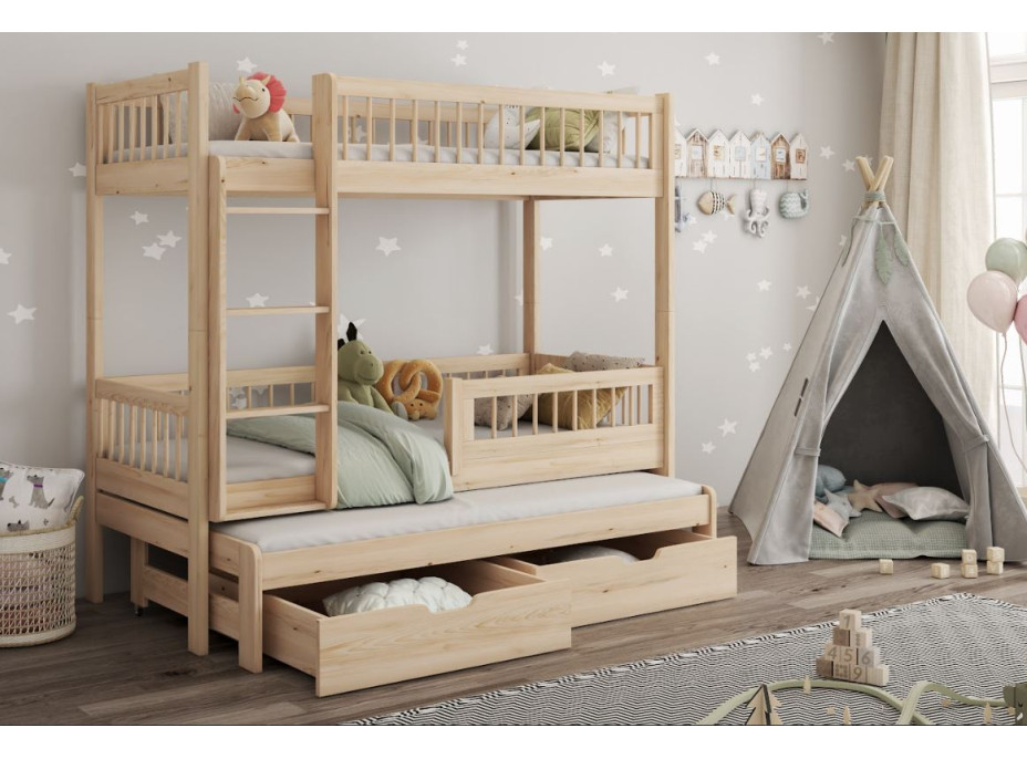Dětská patrová postel z masivu borovice EVAN s přistýlkou a šuplíky - 180x80 cm - přírodní borovice