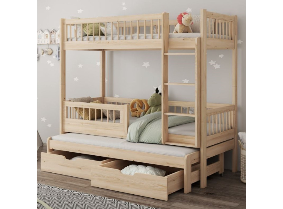 Dětská patrová postel z masivu borovice EVAN s přistýlkou a šuplíky - 180x80 cm - přírodní borovice