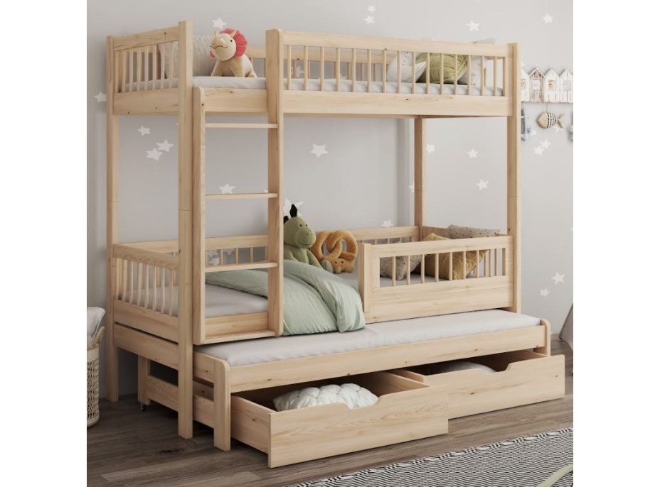 Dětská patrová postel z masivu borovice EVAN s přistýlkou a šuplíky - 180x80 cm - přírodní borovice