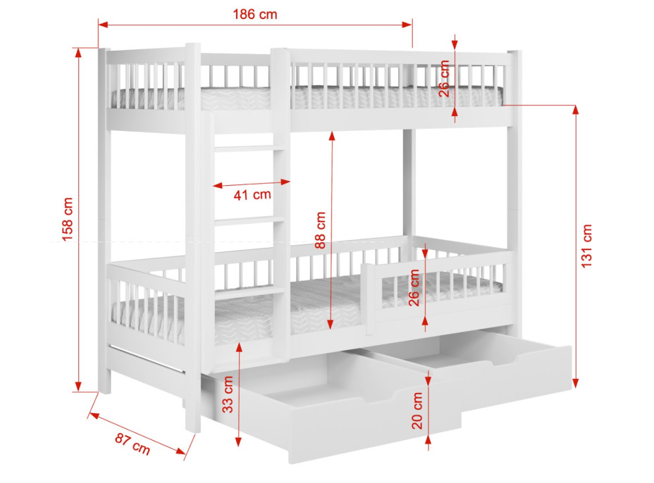 Dětská patrová postel se šuplíky z masivu borovice COEN - 180x80 cm - olivově zelená