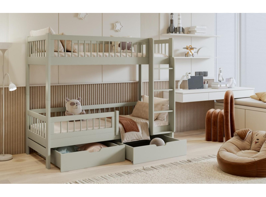 Dětská patrová postel se šuplíky z masivu borovice COEN - 200x90 cm - olivově zelená