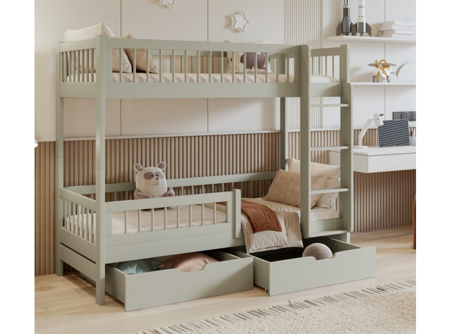 Dětská patrová postel se šuplíky z masivu borovice COEN - 180x80 cm - olivově zelená