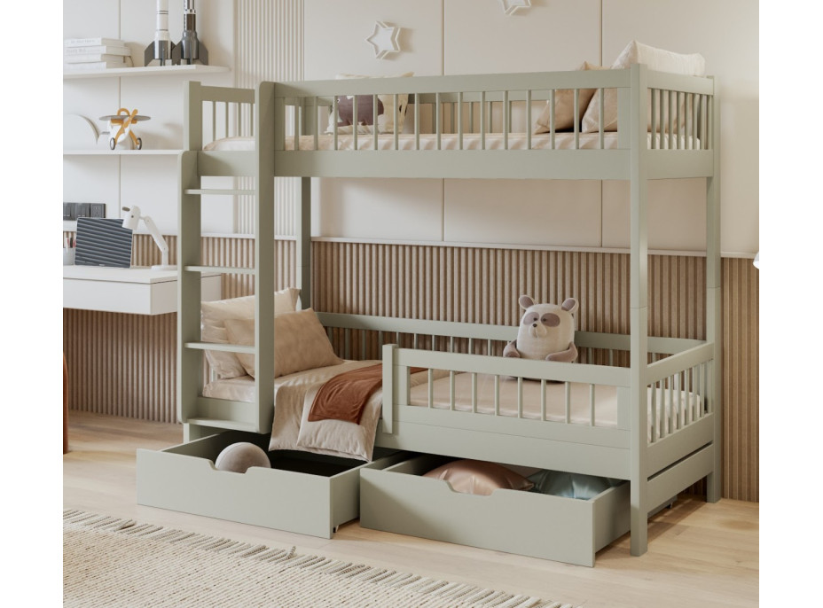 Dětská patrová postel se šuplíky z masivu borovice COEN - 200x90 cm - olivově zelená