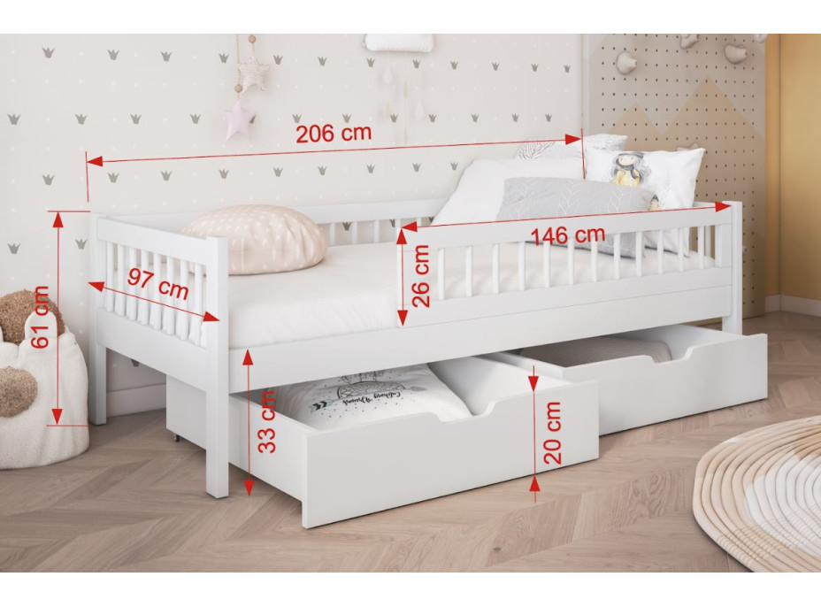 Dětská postel z masivu borovice FLORES se šuplíky - 200x90 cm - olivově zelená