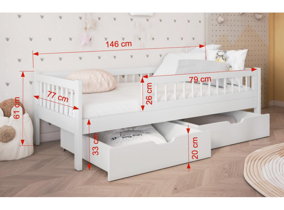 Dětská postel z masivu borovice FLORES se šuplíky - 140x70 cm - kašmírová