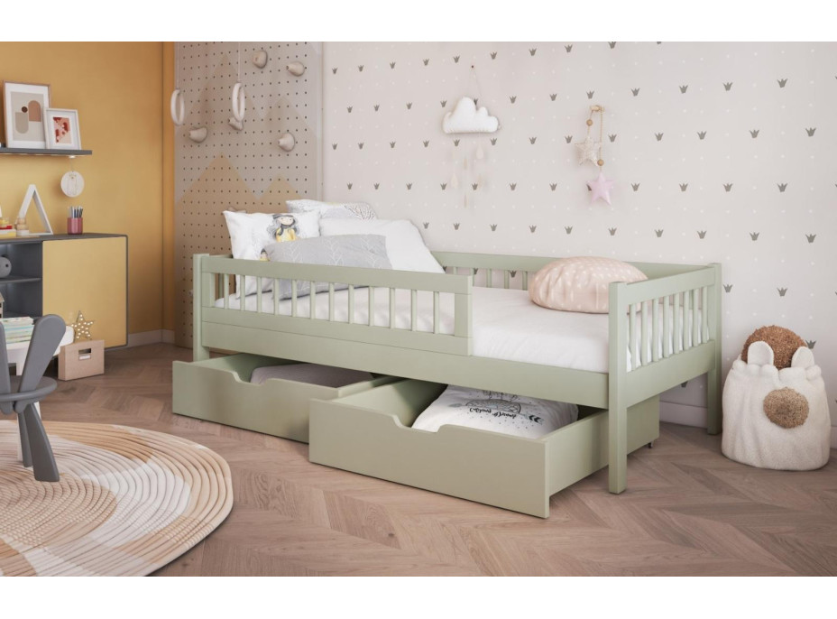 Dětská postel z masivu borovice FLORES se šuplíky - 200x90 cm - olivově zelená