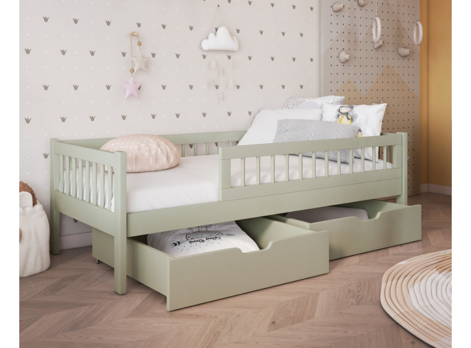 Dětská postel z masivu borovice FLORES se šuplíky - 140x70 cm - olivově zelená