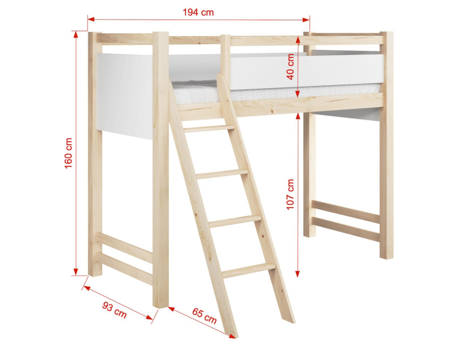 Dětská vyvýšená postel z masivu borovice VESPER - 180x80 cm - přírodní borovice/bílá