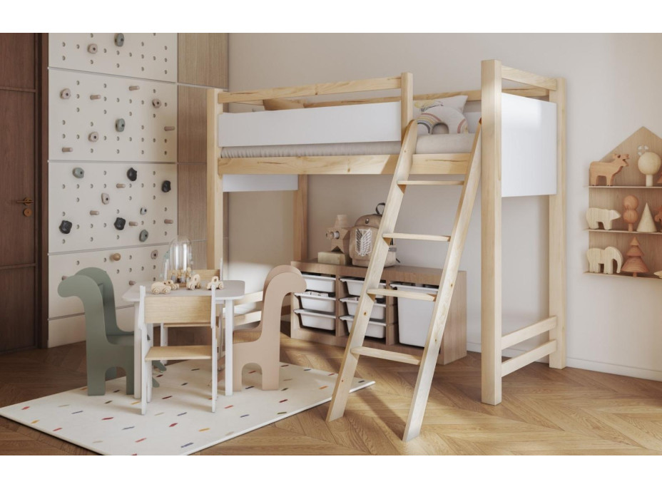 Dětská vyvýšená postel z masivu borovice VESPER - 200x90 cm - přírodní borovice/bílá