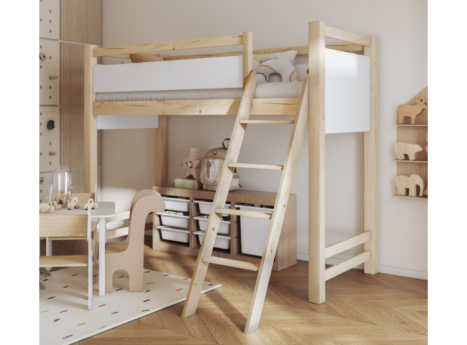Dětská vyvýšená postel z masivu borovice VESPER - 200x90 cm - přírodní borovice/bílá