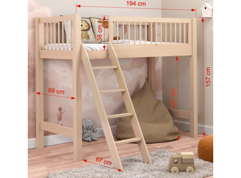 Dětská vyvýšená postel z masivu borovice EVI - 180x80 cm - přírodní borovice