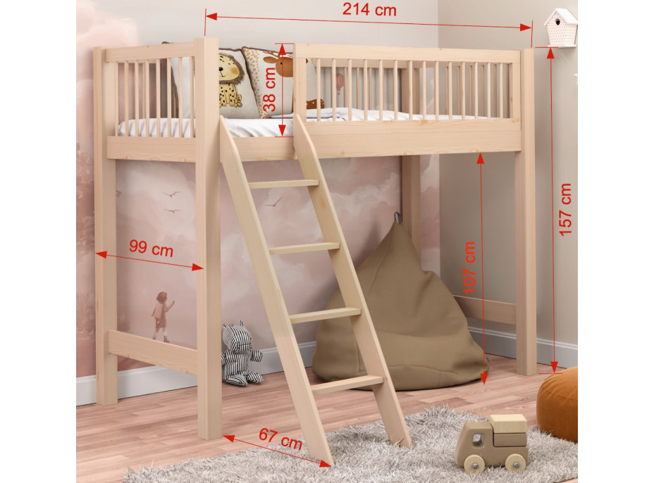 Dětská vyvýšená postel z masivu borovice EVI - 200x90 cm - bílá