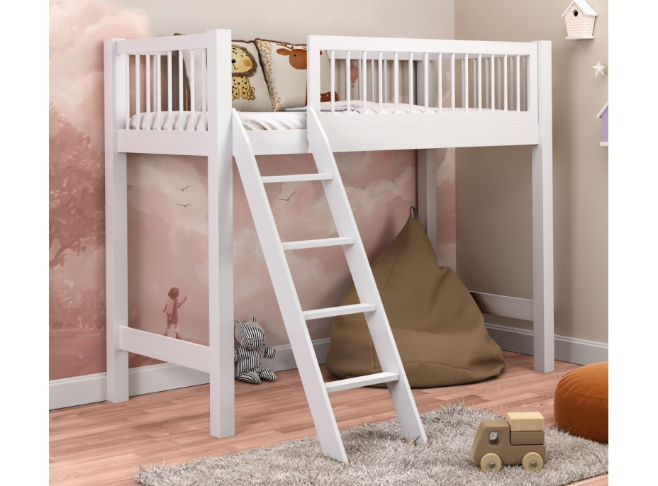 Dětská vyvýšená postel z masivu borovice EVI - 200x90 cm - bílá
