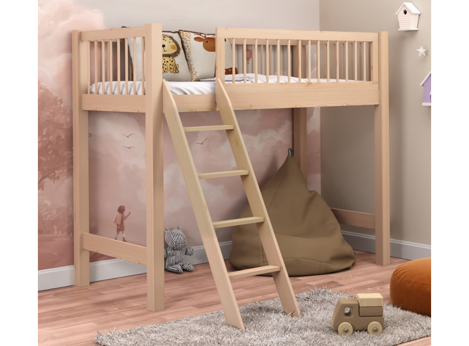 Dětská vyvýšená postel z masivu borovice EVI - 200x90 cm - přírodní borovice
