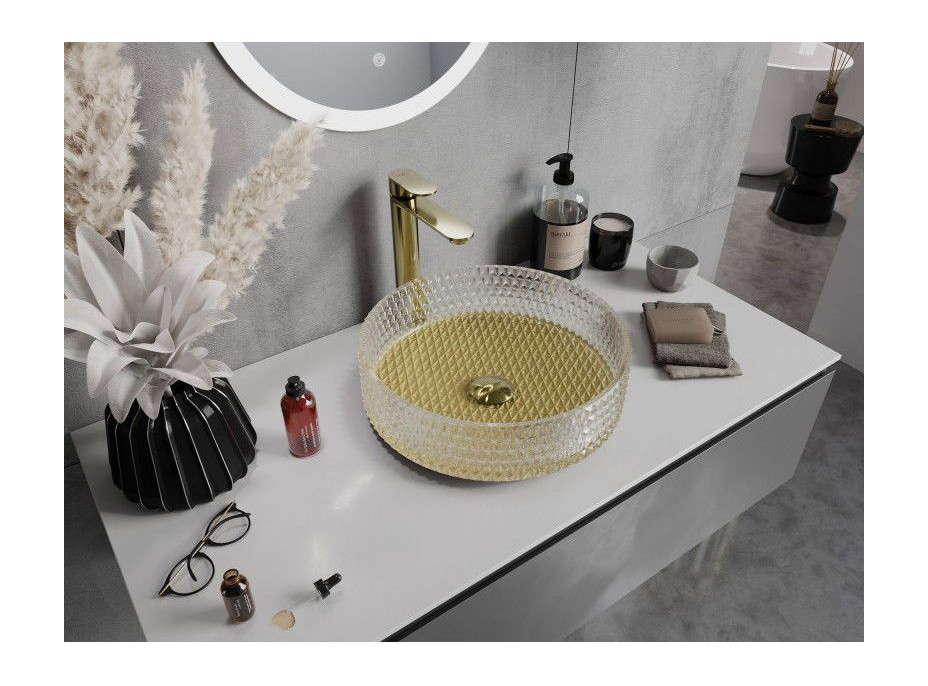 Skleněné umyvadlo MEXEN AURA - křišťálový vzor - čiré/zlaté, 24013951