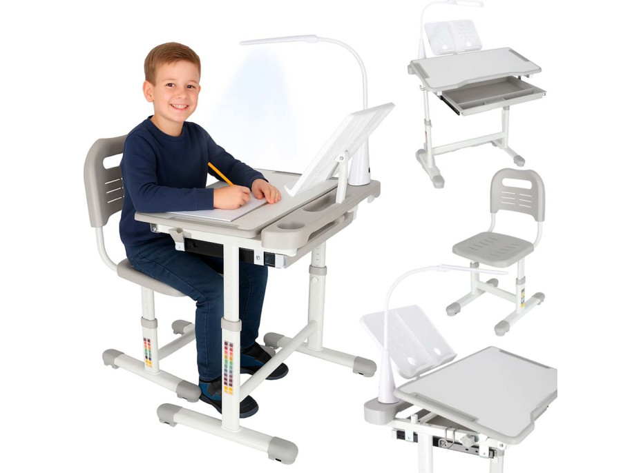Dětský nastavitelný psací stůl se zásuvkou, židlí a LED lampou - šedý