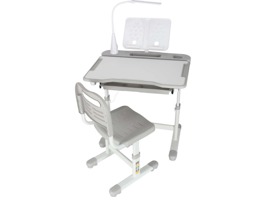 Dětský nastavitelný psací stůl se zásuvkou, židlí a LED lampou - šedý