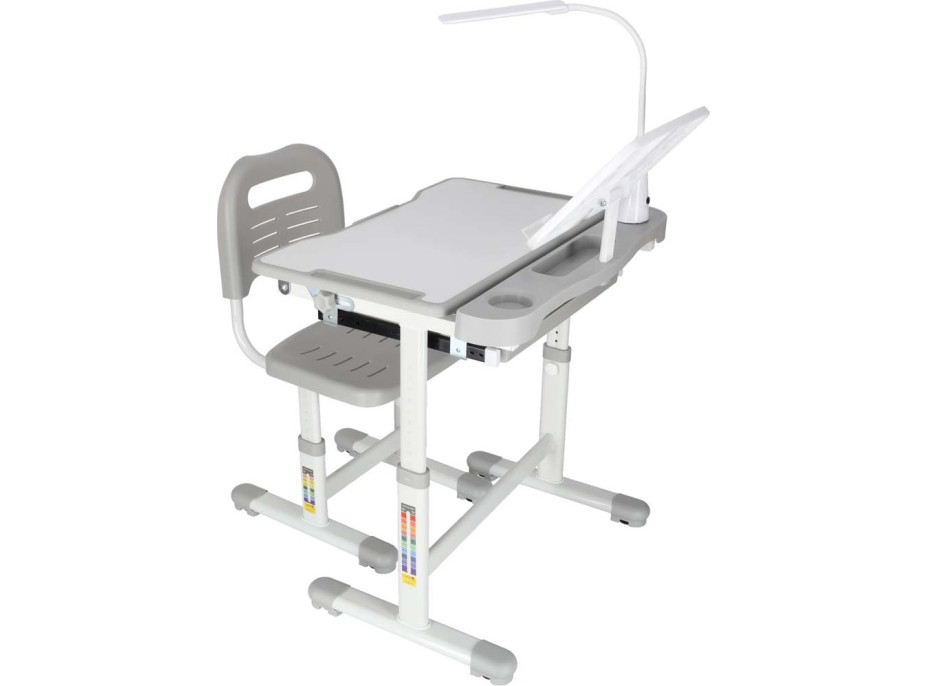 Dětský nastavitelný psací stůl se zásuvkou, židlí a LED lampou - šedý